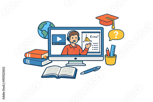 A flat illustration depicting online learning with a teacher on a computer screen surrounded by books, a globe, a graduation cap, and various school supplies on a dark background.