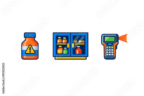 A set of three flat icons featuring a warning bottle for hazardous substances, a blue storage cabinet filled with containers, and a digital handheld scanner with a red beam.