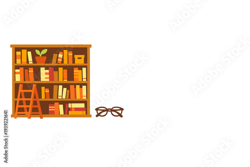 A flat illustration of a wooden bookshelf filled with colorful books, featuring a small potted plant, a storage box, a step ladder, and a pair of glasses on a black background.