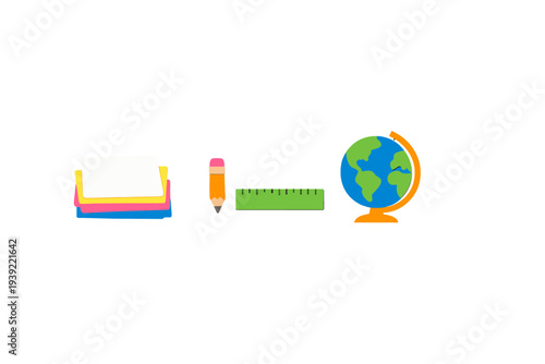 A colorful illustration of school supplies including a stack of papers, a pencil, a green ruler, and a globe, all set against a solid black background for a clean educational theme.