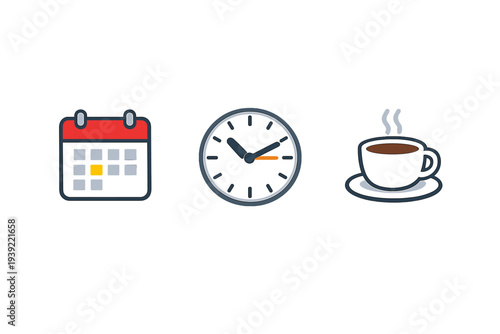 A set of three flat design icons featuring a red calendar, a round analog clock, and a white cup of hot coffee with steam, all arranged in a row on a plain black background.