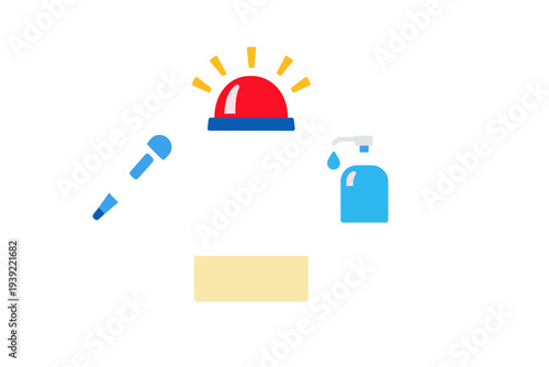 A collection of medical icons including a digital thermometer, a red emergency siren, a hand sanitizer dispenser, and a rectangular container on a solid black background.