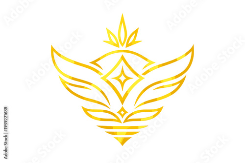 This symmetrical golden emblem features stylized wings and a central diamond star design on a solid black background. The elegant logo has a metallic texture and a regal appearance.