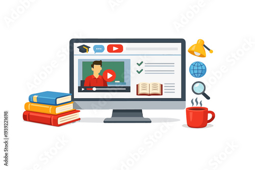 A flat vector illustration showing a computer screen with an educational video lesson. Surrounding the monitor are books, a desk lamp, a globe, a magnifying glass, and a hot cup of coffee.
