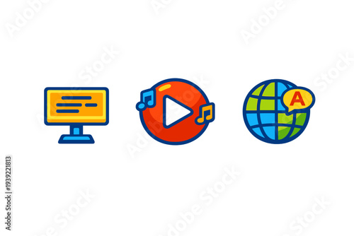 Three colorful icons on a black background representing a yellow computer monitor with text, a red play button with musical notes, and a blue and green globe with a speech bubble.