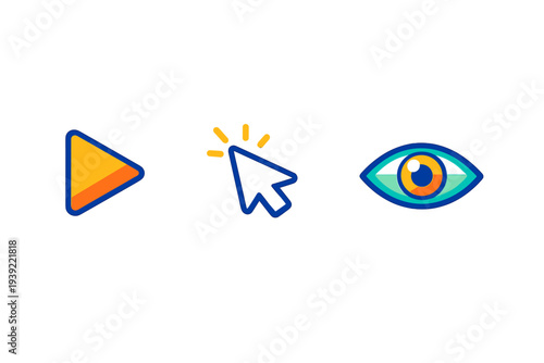 Three colorful digital icons featuring a play button, a mouse cursor, and a human eye are displayed horizontally against a solid black background in a flat graphic style.