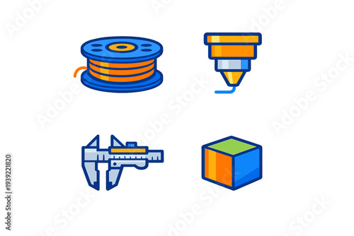 A set of four colorful icons representing 3D printing technology, including a filament spool, an extruder nozzle, a caliper for measurement, and a finished three-dimensional cube.