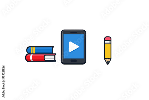 This minimalist graphic shows a stack of blue and red books next to a tablet displaying a play icon and a yellow pencil, all set against a solid black backdrop.