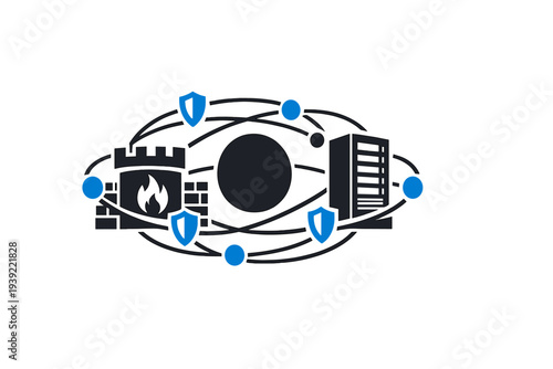 A flat vector illustration representing network security and data protection, featuring a firewall castle, server rack, and blue shield icons orbiting a central dark sphere.
