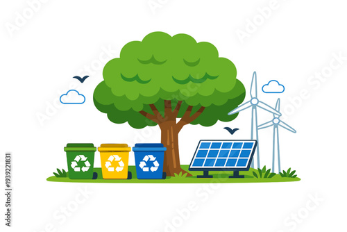 A flat illustration featuring a large green tree, three recycling bins, a solar panel, and wind turbines, representing environmental sustainability and renewable energy concepts.