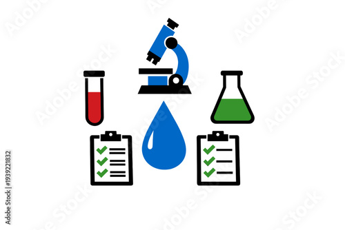 A collection of laboratory icons including a blue microscope, a red test tube, a green flask, a large water drop, and two clipboards with checkmarks on a black background.