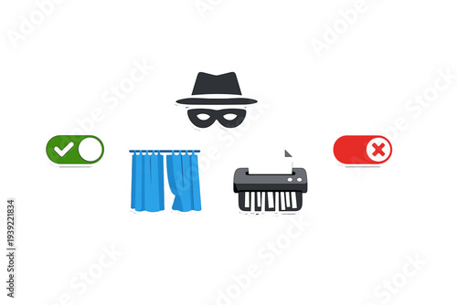 A collection of digital security and privacy icons including an incognito figure, a paper shredder, blue curtains, and toggle switches for on and off settings on a black background.