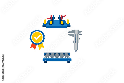 An illustration featuring four industrial icons including a quality seal, a vernier caliper, a conveyor belt, and a mechanical fixture arranged on a solid black background.