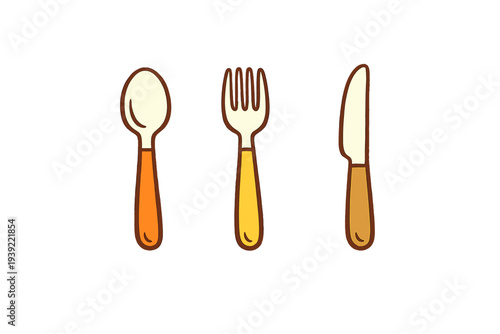 A simple cartoon illustration featuring a spoon, a fork, and a knife with colorful handles arranged in a row against a solid black background. Ideal for kitchen and dining concepts.