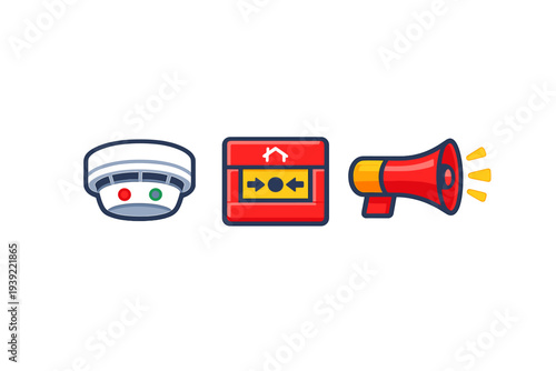 Three colorful vector icons depicting fire safety devices: a smoke detector with indicator lights, a manual alarm call point, and a red megaphone against a black backdrop.