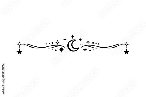 A celestial decorative divider featuring a white crescent moon, stars, and elegant swirling lines on a black background. Perfect for mystical, astronomical, or occult graphic designs.