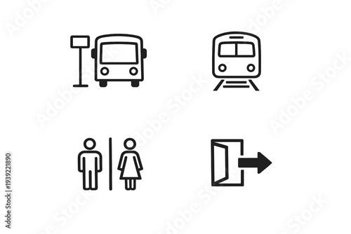 This collection features four simple black line icons including a bus at a stop, a train on tracks, male and female restroom symbols, and an exit door with a directional arrow.