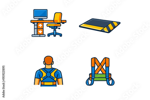 A set of four flat vector icons illustrating workplace ergonomics and safety equipment, including an adjustable desk, anti-fatigue mat, and back support harnesses for workers.