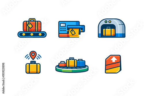 A set of six colorful flat icons depicting various stages of airport luggage handling, including baggage claim, scanning, tracking, and tagging on a dark background.