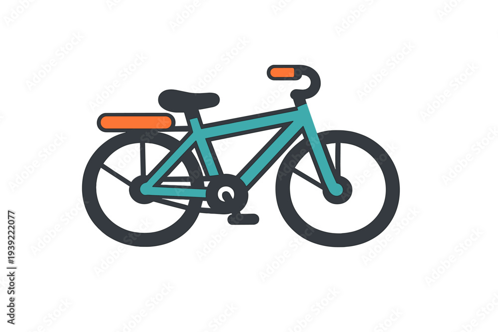 Obraz premium A flat vector illustration of a teal bicycle with orange accents and dark grey wheels, isolated on a black background. This minimalist design features a rear rack and pedals.