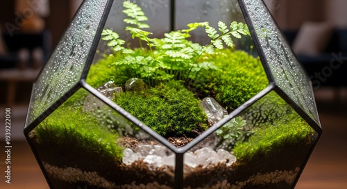 Lush green moss and ferns in a geometric glass terrarium with decorative stones, modern indoor gardening concept created with generative AI