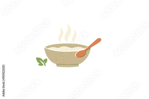 A minimalist illustration of a steaming bowl of hot soup or porridge with a wooden spoon and a small green leaf garnish, set against a solid black background for contrast.