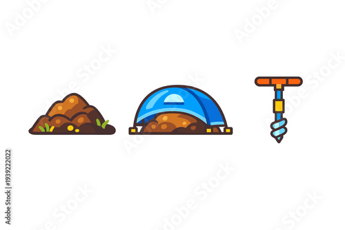 A set of three flat vector icons featuring a pile of brown soil with green sprouts, a blue protective cover over a dirt mound, and a manual orange and blue hand auger tool.