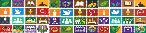 Palm Sunday Religious Stamp Set Featuring Crosses, Bibles, Doves, and Church Symbols