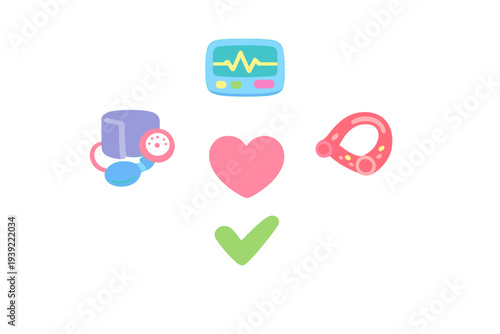A collection of five colorful medical stickers on a black background, including a heart rate monitor, blood pressure cuff, pink heart, artery cross-section, and a green checkmark.
