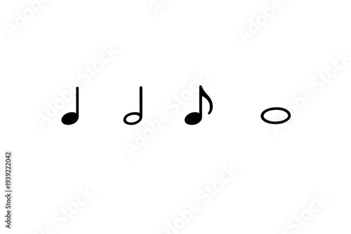 A minimalist black and white illustration featuring four different musical notes, including a quarter note, half note, eighth note, and whole note, arranged horizontally on a dark background.