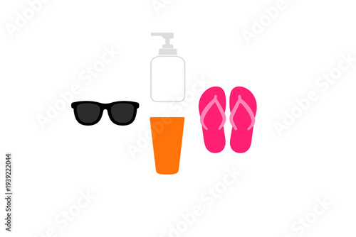 A flat illustration of summer essentials including black sunglasses, a white pump bottle, an orange tube of cream, and pink flip-flops arranged on a solid black background.
