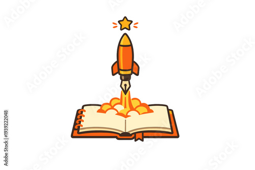 This creative illustration features an orange rocket with a fountain pen nib launching from an open notebook, symbolizing the power of storytelling and imagination on a dark background.