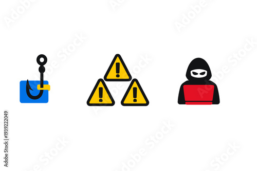Three icons representing cybersecurity threats including a phishing hook on a blue square, yellow warning signs, and a hooded hacker figure with a red laptop on a black background.