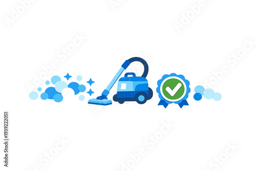 A blue vacuum cleaner illustration surrounded by soap bubbles and a green checkmark badge on a black background, representing professional cleaning services and quality.