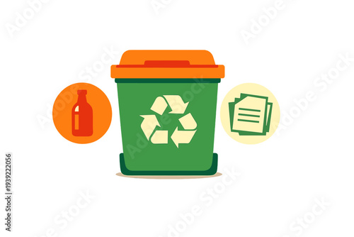 A green recycling bin with an orange lid is centered between two circular icons representing glass and paper waste, all depicted in a flat illustration style on black.