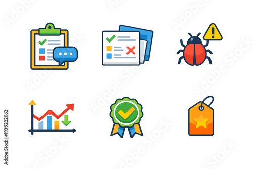 A collection of six colorful flat icons representing business processes, quality assurance, software bug reporting, data analysis, certification, and product tagging on a black background.