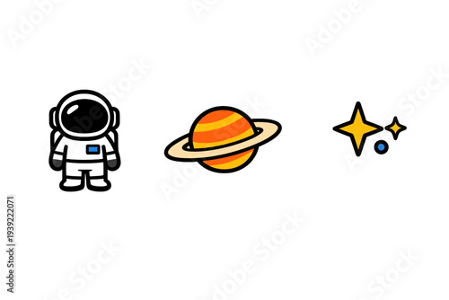 A flat vector illustration featuring a cartoon astronaut, a ringed planet with orange and yellow stripes, and several bright stars set against a solid black background.