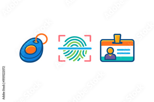 Three colorful icons representing security and access control methods, including a key fob, a fingerprint scanner, and an identification badge, set against a black background.