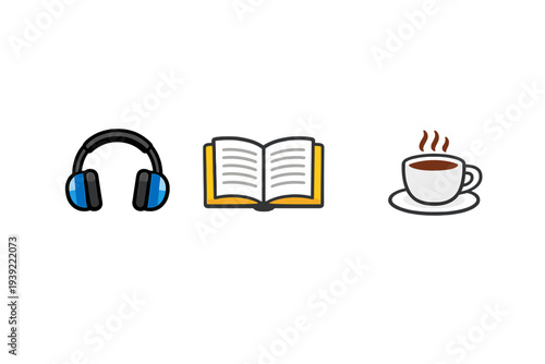 A set of three colorful icons featuring blue headphones, an open yellow book, and a steaming cup of coffee, all arranged horizontally against a solid black background.