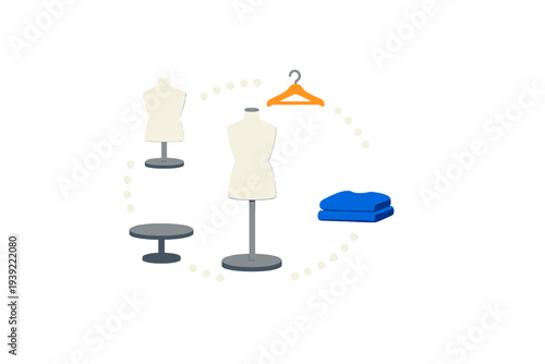 An illustration featuring a central mannequin torso surrounded by a dotted circle containing a hanger, folded blue clothes, a display stand, and a smaller mannequin on a black background.