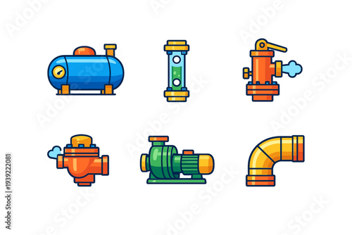 A collection of six stylized industrial plumbing and piping icons including a pressure tank, valves, a pump, and an elbow pipe, set against a black background in a vector art style.