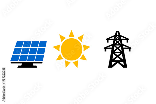A graphic illustration featuring a blue solar panel and a yellow sun icon set against a solid black background, representing renewable solar energy concepts.