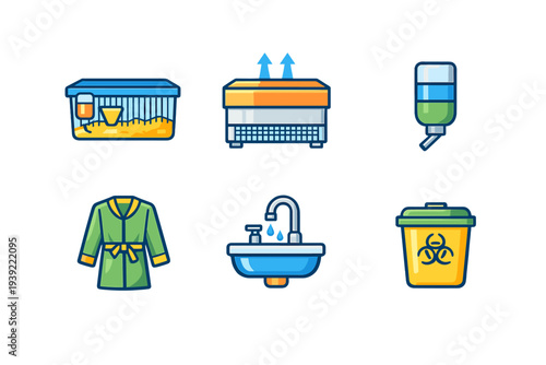 A set of six colorful icons representing laboratory and medical equipment, including an animal cage, a biohazard bin, a lab coat, a sink, a liquid dispenser, and a scientific device.
