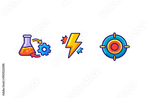 A set of three colorful vector icons featuring a laboratory flask with a gear, a yellow lightning bolt, and a target bullseye, all isolated on a solid black background.