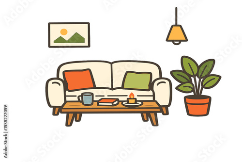 A cozy living room illustration featuring a white sofa with colorful pillows, a wooden coffee table with a mug and candle, a potted plant, and a framed mountain landscape on the wall.