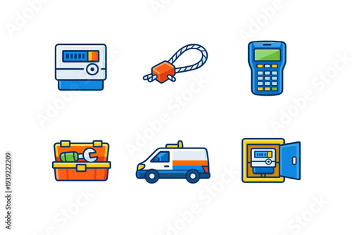 This collection of six flat vector icons features utility service elements like an electric meter, security seal, handheld reader, toolbox, service vehicle, and meter enclosure.