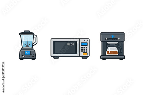 A flat illustration of three smart kitchen appliances including a blender, a microwave oven, and a coffee machine, all featuring wireless connectivity icons on a black background.