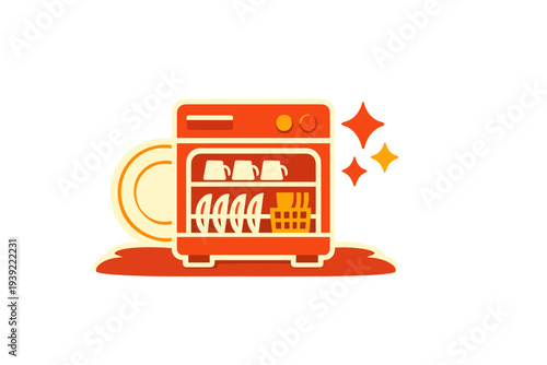 This flat vector illustration depicts a bright orange dishwasher filled with clean dishes, including mugs and plates, set against a dark background with decorative sparkles.