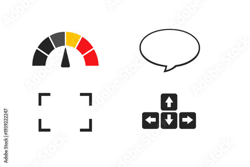 A collection of four digital icons featuring a color-coded gauge meter, a white speech bubble, a camera focus frame, and a set of four directional arrow keys on a solid black background.
