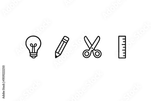 A collection of four white line icons including a light bulb, pencil, scissors, and ruler, arranged in a horizontal row against a solid black background.